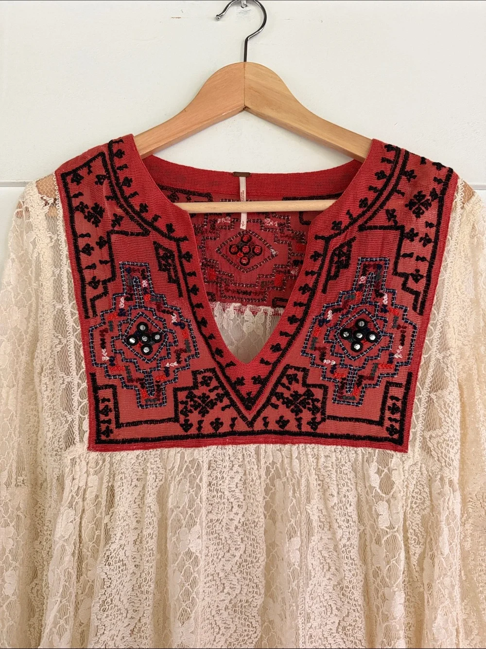 Free People Cream Lace Peasant Blouse with Red Embroidered Bib